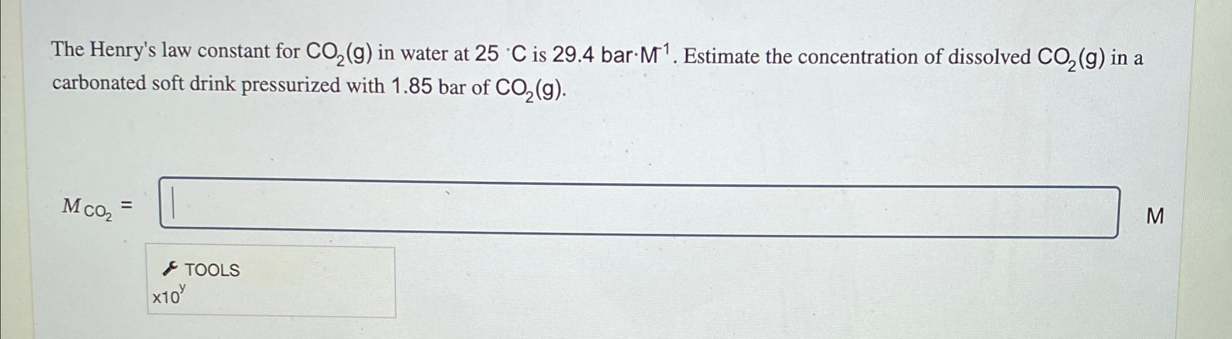 Solved The Henry S Law Constant For Co G In Water At C Chegg