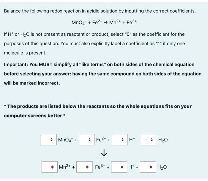 Solved Balance The Following Redox Reaction In Acidic So