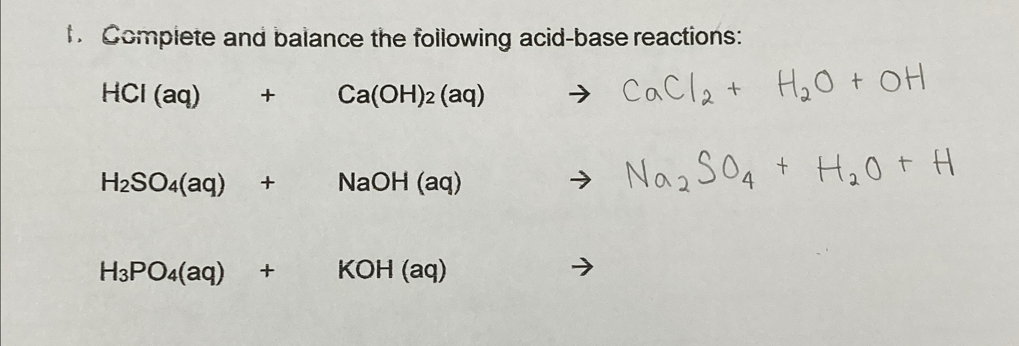 Solved Complete And Balance The Following Acid Base Chegg