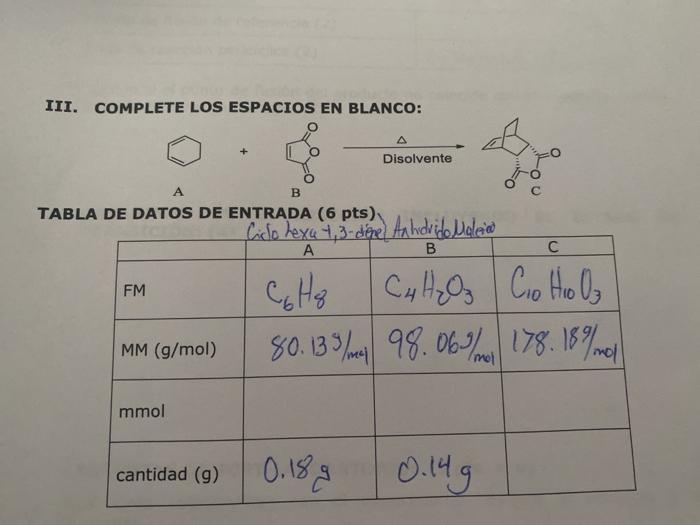 Solved Iii Complete Los Espacios En Blanco A Disolvente A Chegg