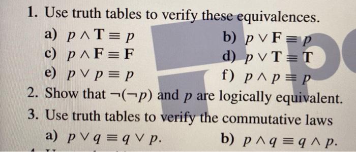 Solved 1 Use Truth Tables To Verify These Equivalences A Chegg