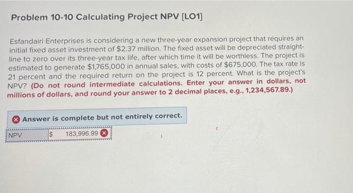 Solved Problem Calculating Project Npv Lo Chegg