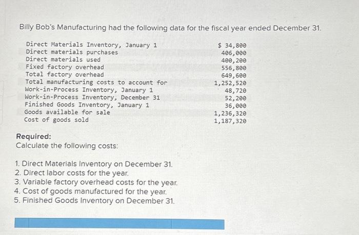 Solved Billy Bob S Manufacturing Had The Following Data For Chegg