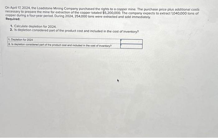 Solved On April The Loadstone Mining Company Chegg