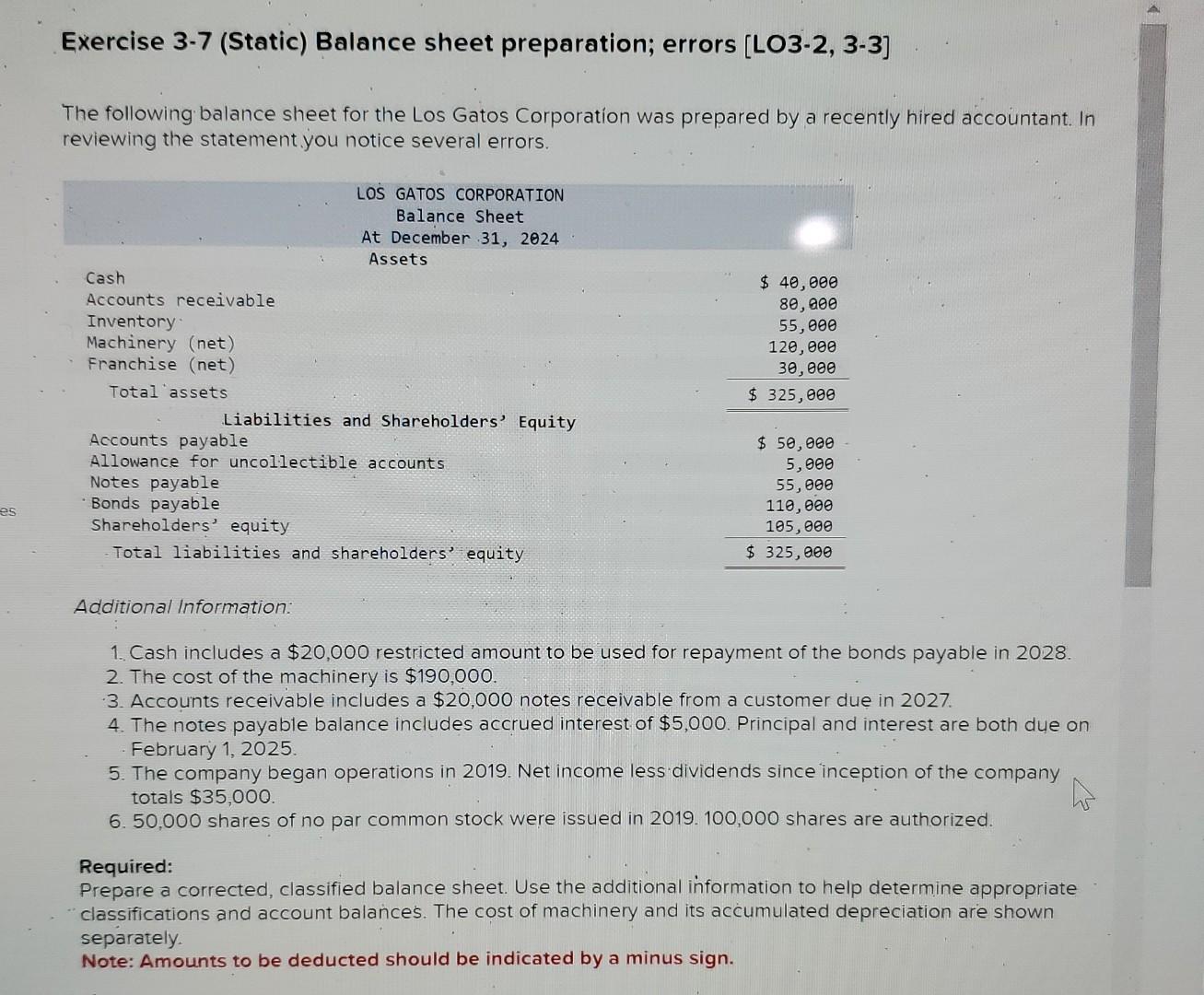 Solved Exercise Static Balance Sheet Preparation Chegg