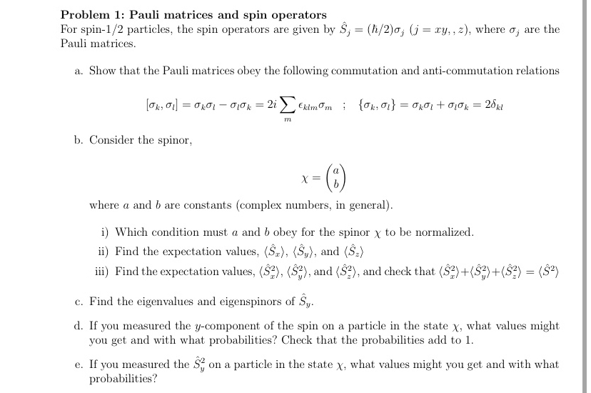 Solved Problem 1 Pauli Matrices And Spin OperatorsFor Chegg