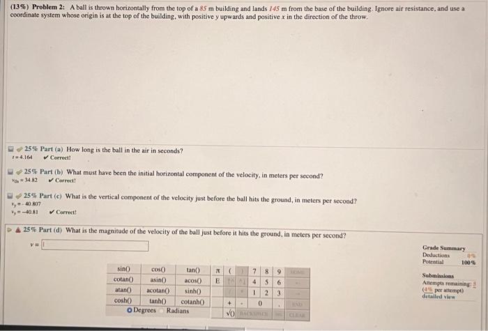 Solved Problem A Ball Is Thrown Horizontally From Chegg