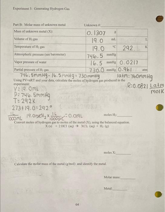 Solved Experiment 5 Generating Hydrogen Gas Rart R MAlar Chegg