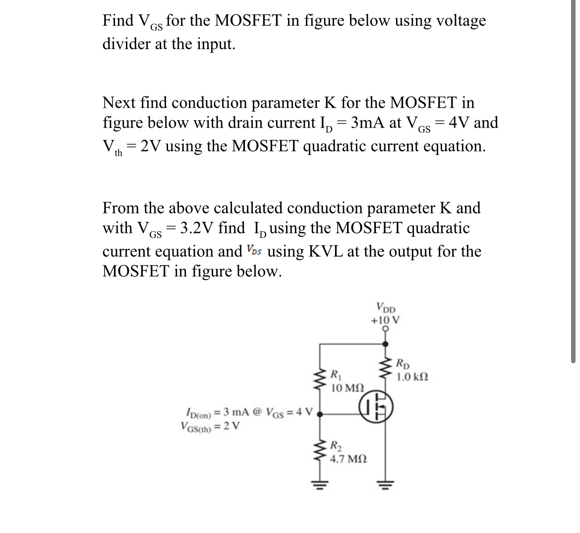 Solved Find Vgs For The Mosfet In Figure Below Using Chegg