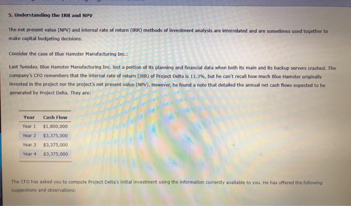 Solved 5 Understanding The IRR And NPV The Net Present Chegg