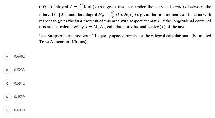 Solved 40pts Integral A Stanh X Dx Gives The Area Under Chegg