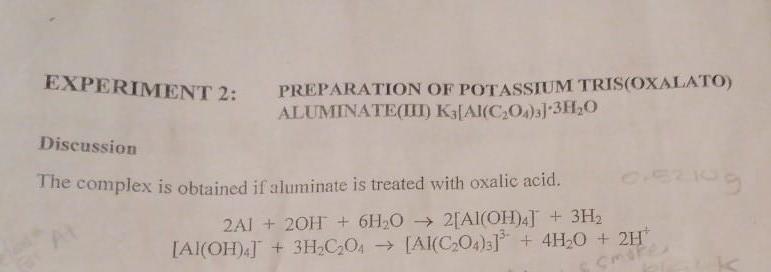 Solved EXPERIMENT 2 PREPARATION OF POTASSIUM TRIS OXALATO Chegg