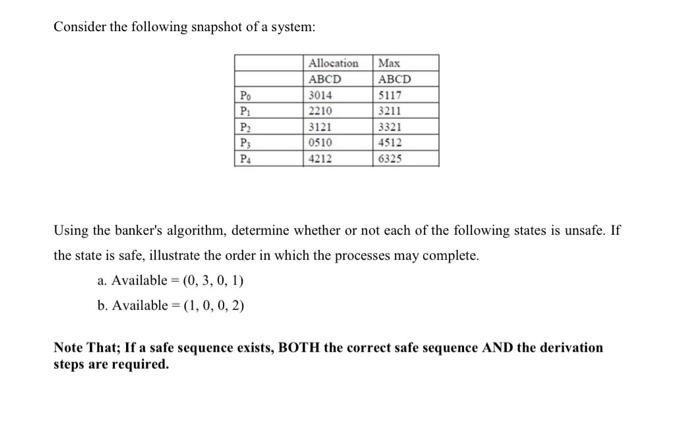 Solved Consider The Following Snapshot Of A System Using Chegg