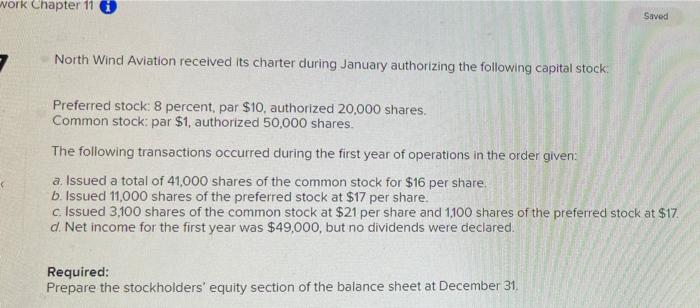 Solved Work Chapter 11 C Saved 7 North Wind Aviation Chegg