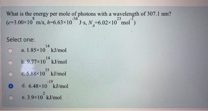 Solved What Is The Energy Per Mole Of Photons With A Chegg