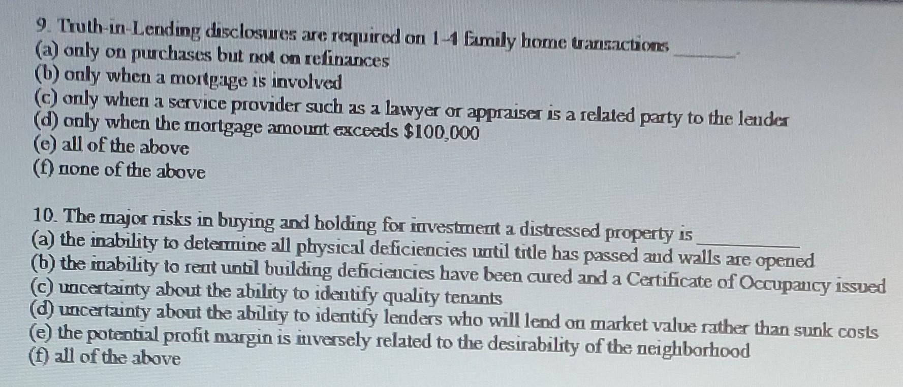 Solved 9 Truth In Lending Disclosures Are Required On 1 4 Chegg