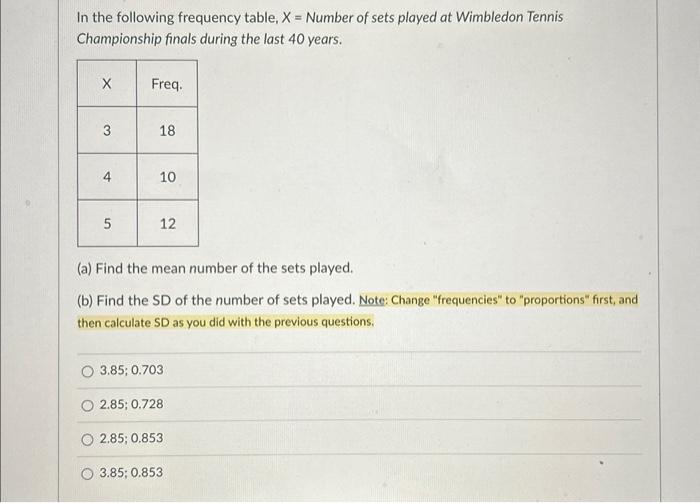 In The Following Frequency Table X Number Of Sets Chegg