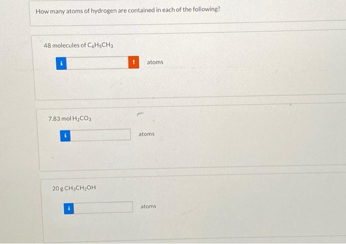 Solved How Many Atoms Of Hydrogen Are Contained In Each Of Chegg