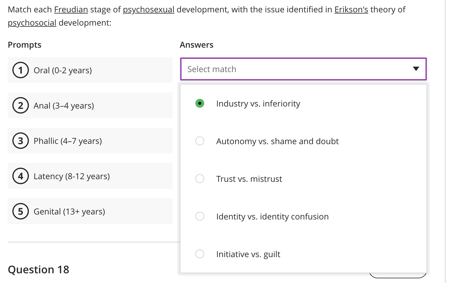 Solved Match Each Freudian Stage Of Psychosexual Chegg