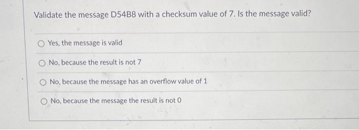 Solved Validate The Message D54B8 With A Checksum Value Of Chegg