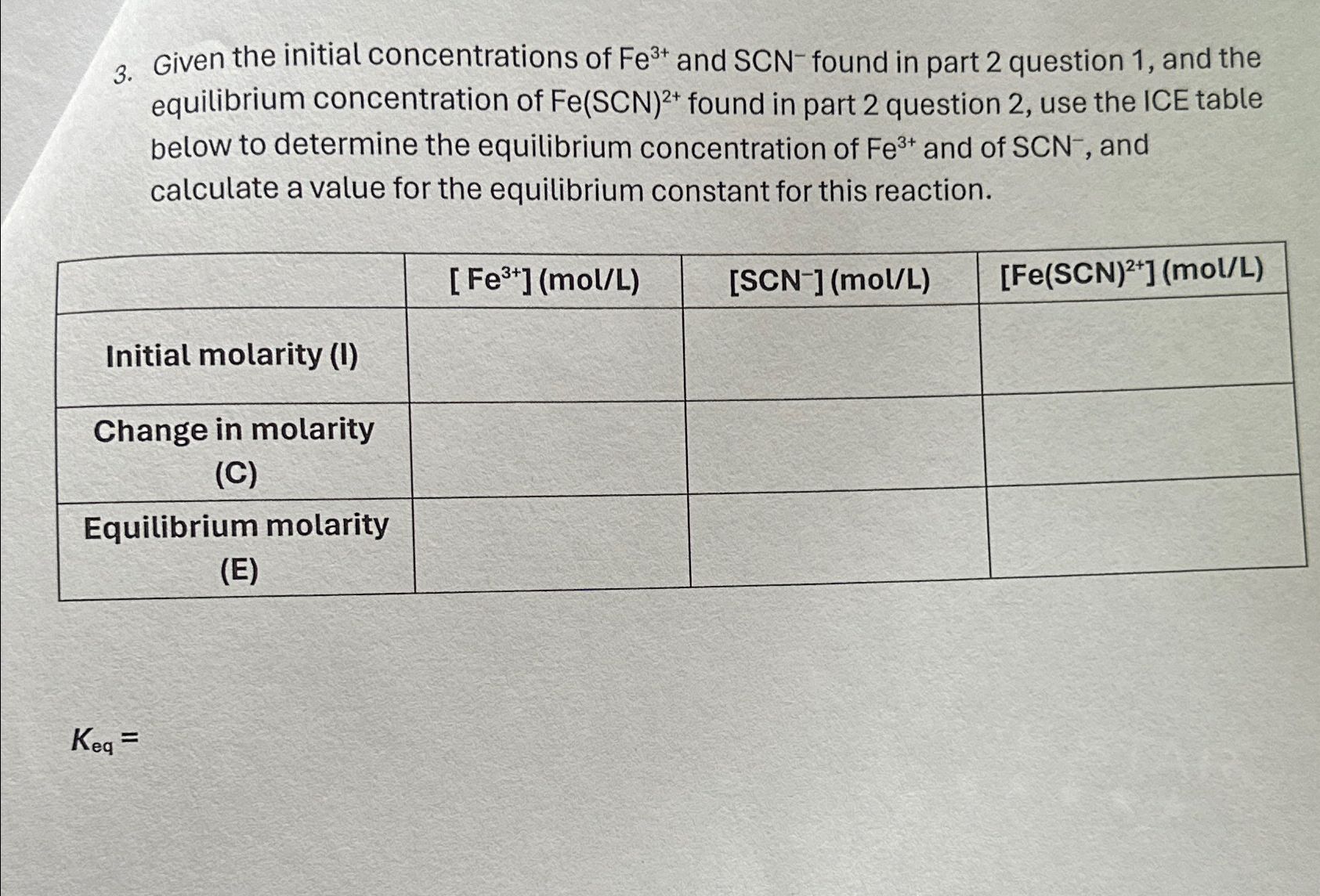 Given The Initial Concentrations Of Fe And Chegg