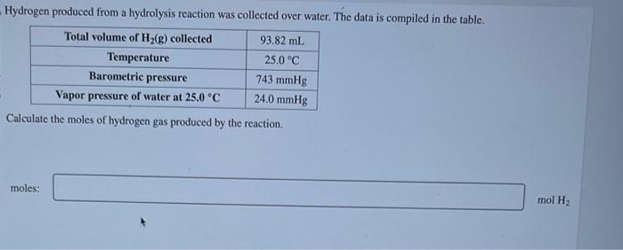 Solved Hydrogen Produced From A Hydrolysis Reaction Was