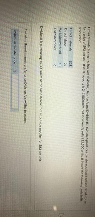 Solved Elmira Manufacturing Inc Has Two Divisions Division Chegg