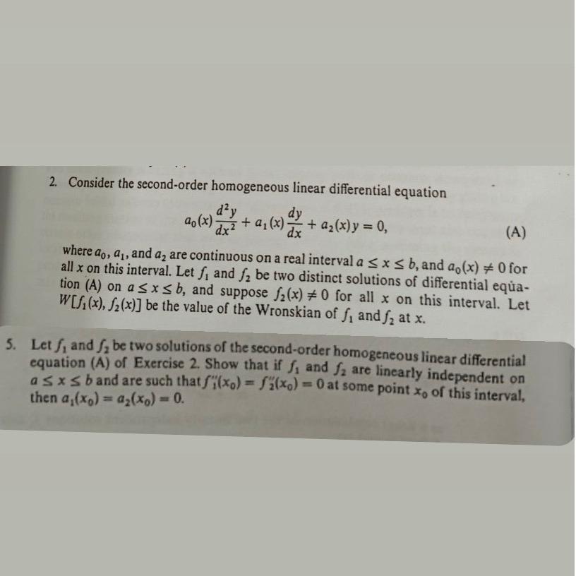 Solved Consider The Second Order Homogeneous Linear Chegg