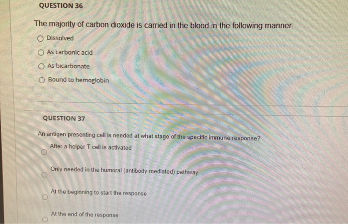 Solved Question The Majority Of Carbon Dioxide Is Carried Chegg