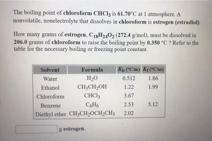 Solved The Boiling Point Of Chloroform CHCl3 Is 61 70C At 1 Chegg