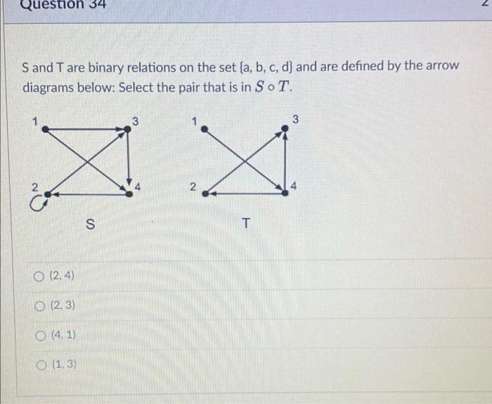 Solved Question 34 S And T Are Binary Relations On The Set Chegg