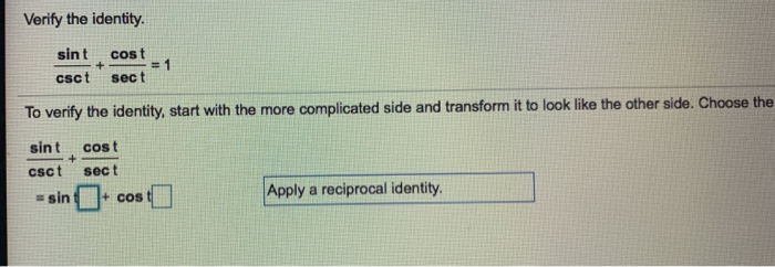 Solved Verify The Identity Sint Cost Csct Sect To Chegg