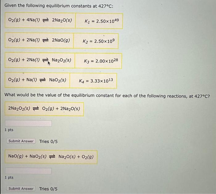 Solved Given The Following Equilibrium Constants At 427C Chegg