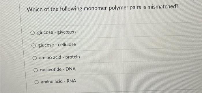 Solved Which Of The Following Monomer Polymer Pairs Is Chegg