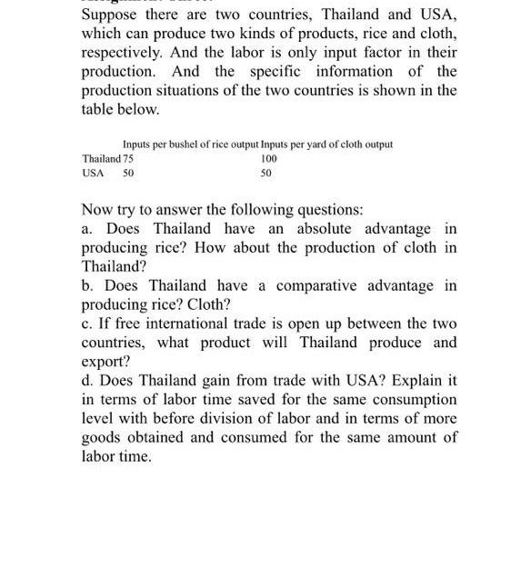 Solved Suppose There Are Two Countries Thailand And Usa Chegg