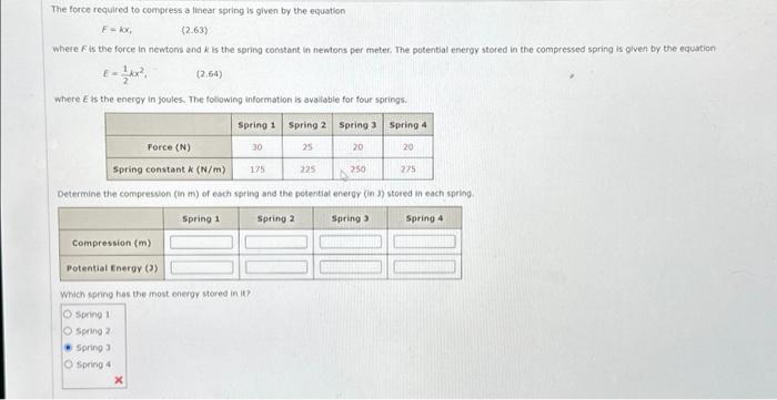 Solved The Force Required To Compress A Linear Spring Is Chegg