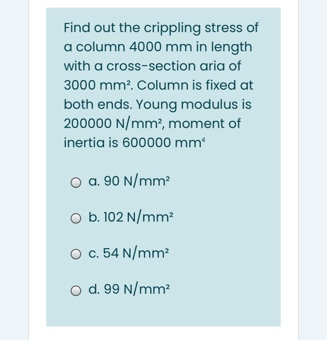 Solved Find Out The Crippling Stress Of A Column 4000 Mm In Chegg