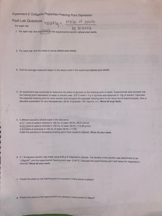 Solved Experiment Colligative Properties Freezing Point Chegg