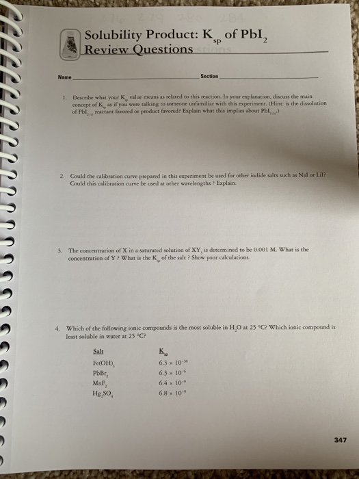 Solved Solubility Product K Of PbI Review Questions Sp Chegg