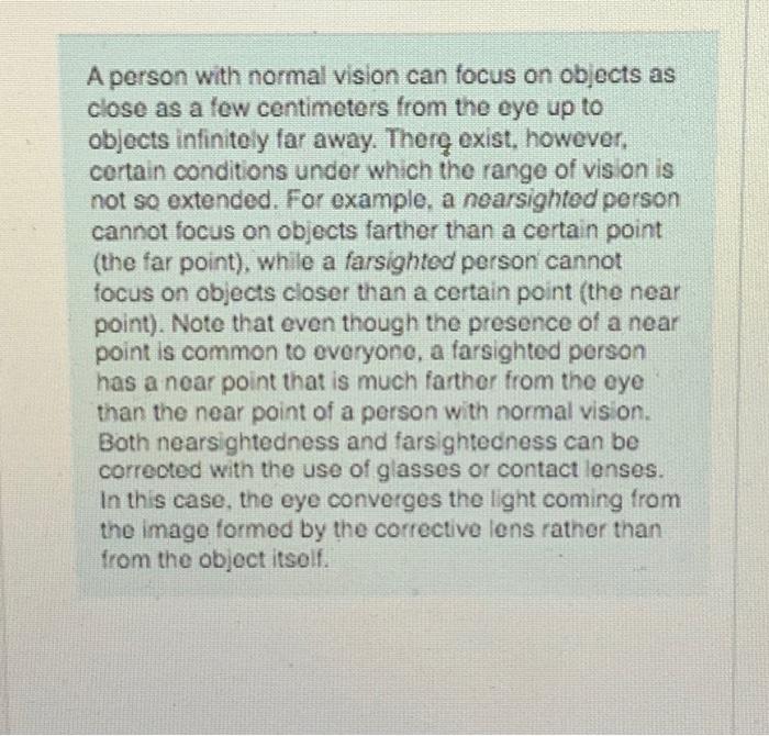 Solved A Person With Normal Vision Can Focus On Objects As Chegg