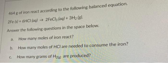 Solved 464 G Of Iron React According To The Following Chegg