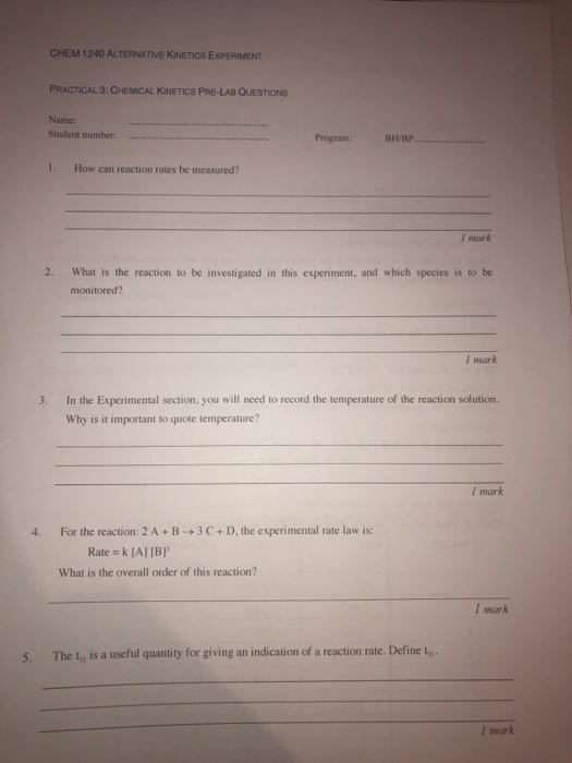 Solved CHEM 1240 ALTERNATIVE KINETICS EXPERIMENT PRACTICAL Chegg