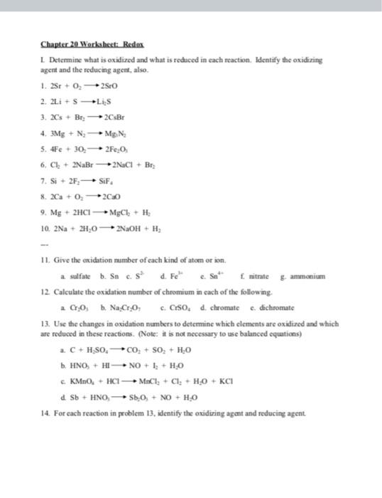 Solved Chapter 20 Workshect Redox 1 Determine What Is Chegg