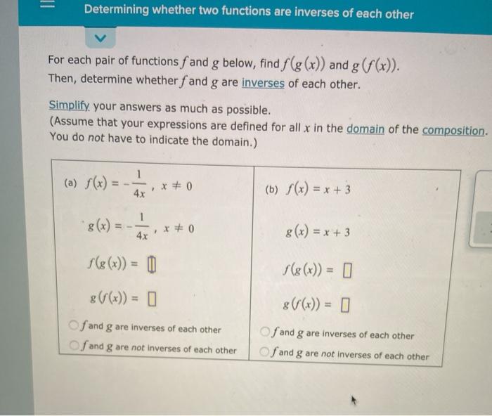 Solved Determining Whether Two Functions Are Inverses Of Chegg