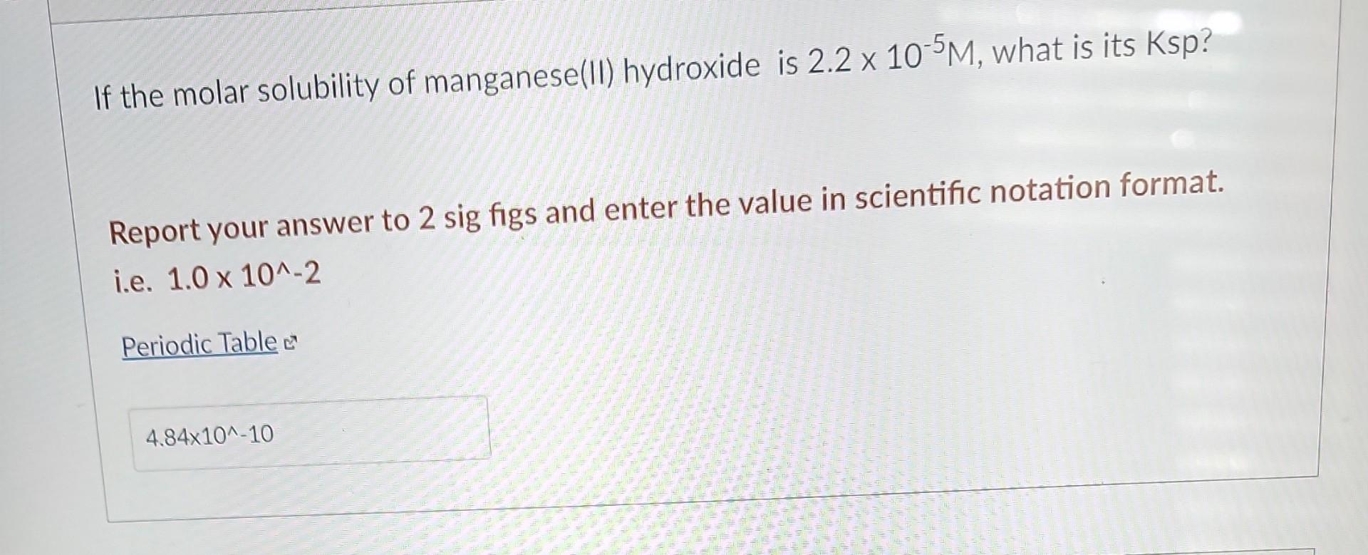 Solved If The Molar Solubility Of Manganese II Hydroxide Is Chegg