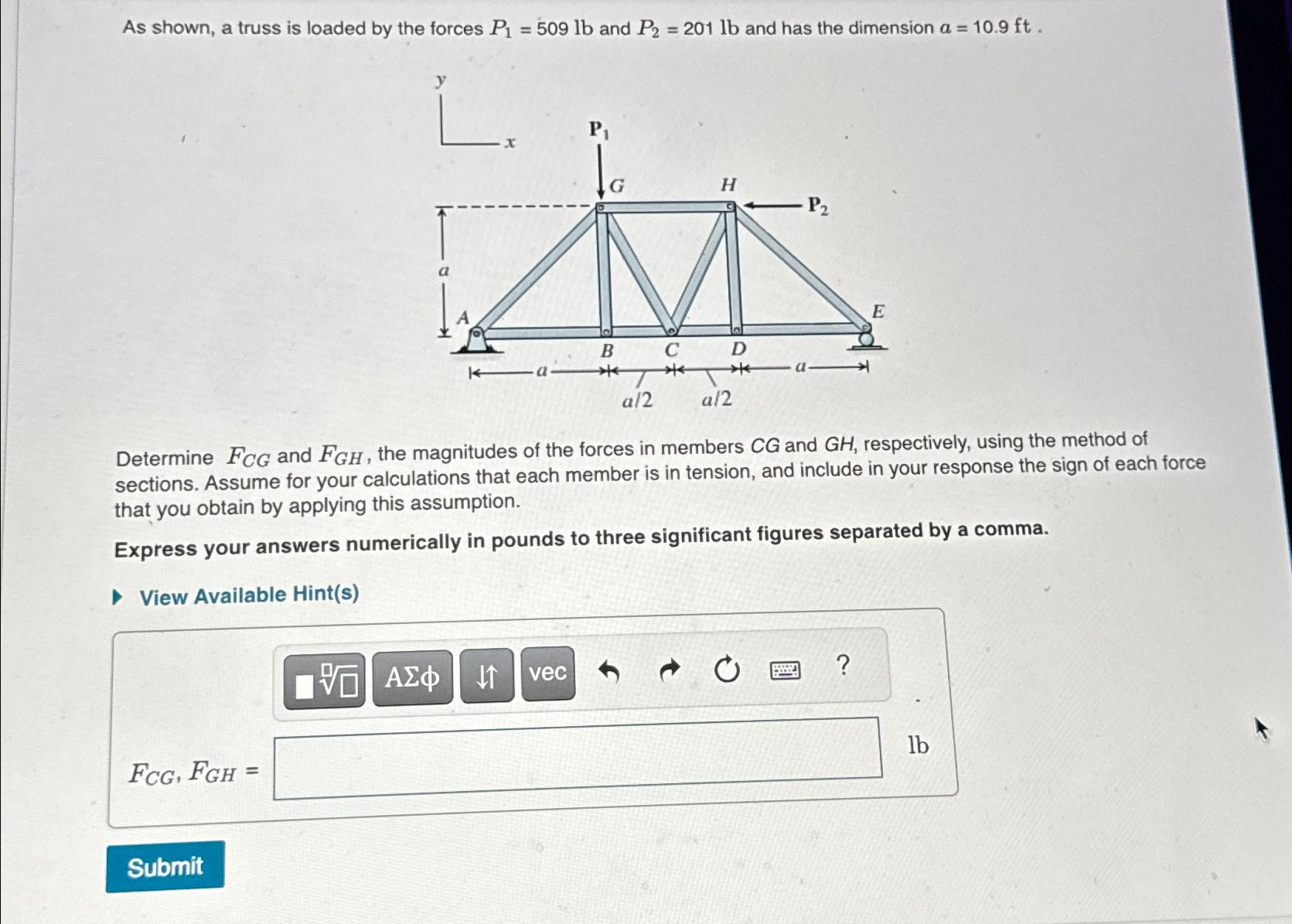 Solved As Shown A Truss Is Loaded By The Forces P1 509lb Chegg