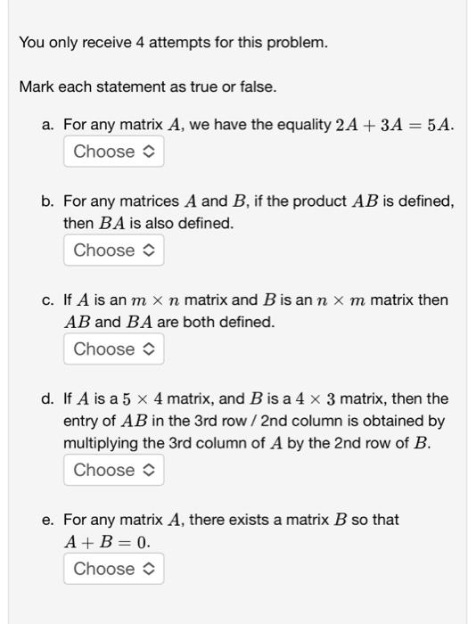 Solved Mark Each Statement As True Or False A For Any Chegg