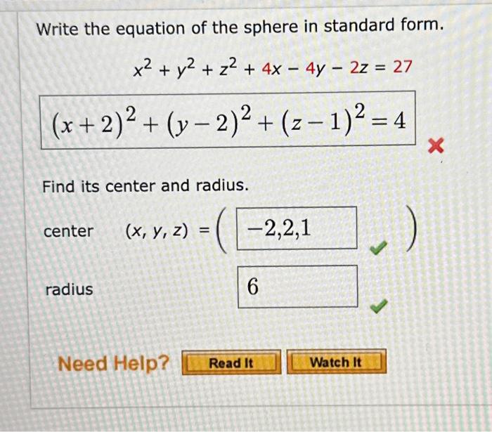 Solved Write The Equation Of The Sphere In Standard Form Chegg