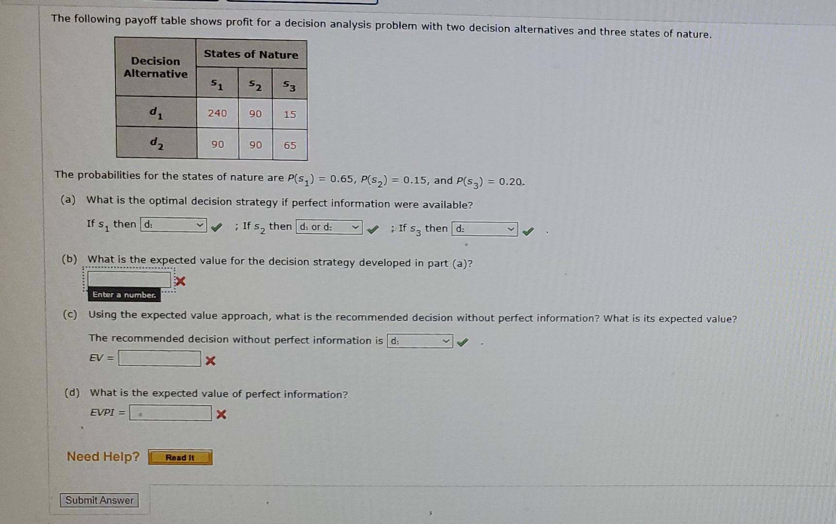 Solved The Following Payoff Table Shows Profit For A Chegg