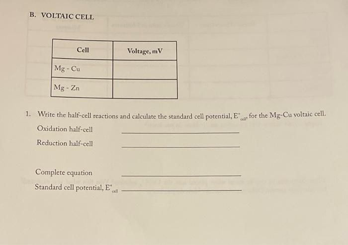 Solved B VOLTAIC CELL 1 Write The Half Cell Reactions And Chegg